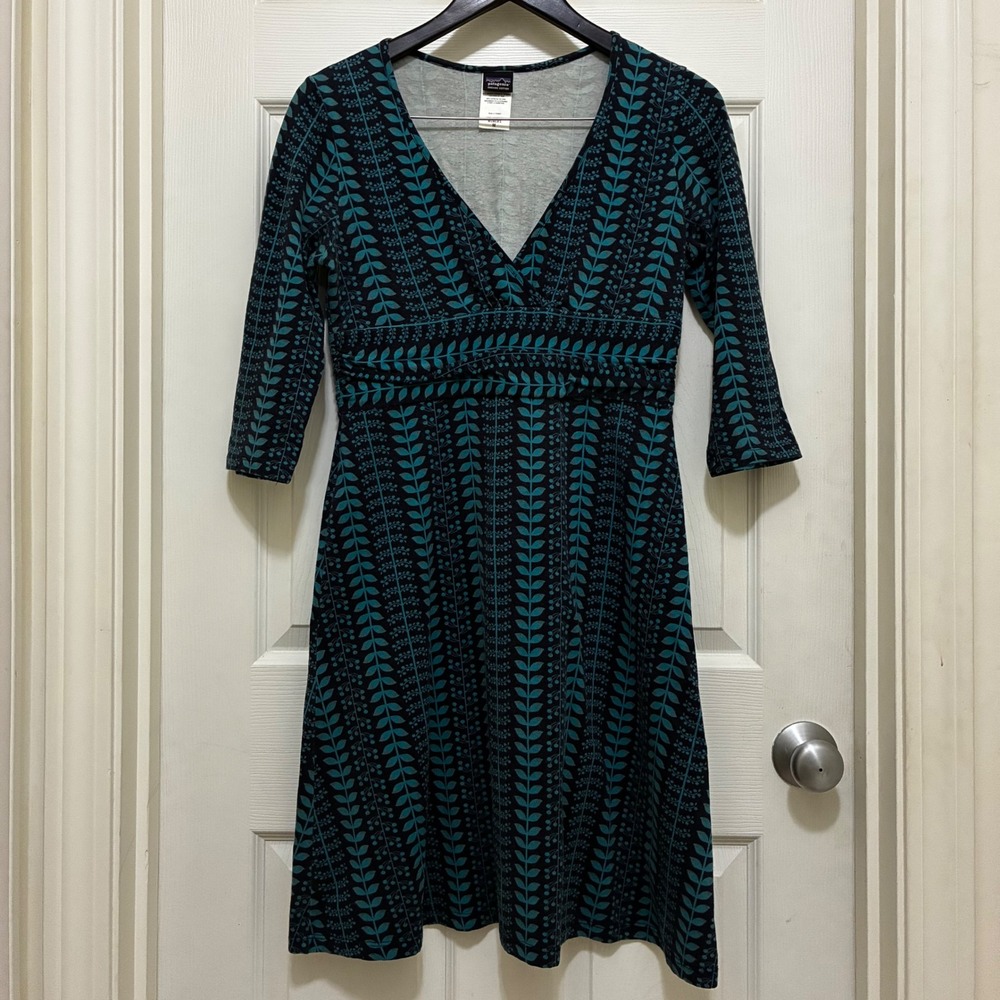 Patagonia‎ Margot Organic Cotton Dress Leaf Print 3/4 Sleeve Teal Medium Casual